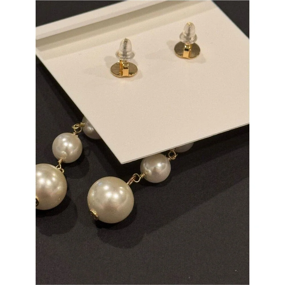 NWT Tory Burch Crystal Double T Logo Graduated Pearl Linear Drop Earrings 3